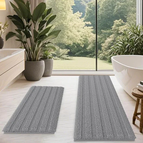 Vista 63 de ACCUMTEK - Juego de alfombras de baño a rayas beige de 3 piezas, ultrasuaves, antideslizantes de chenilla, alfombras de baño mullidas y absorbentes
