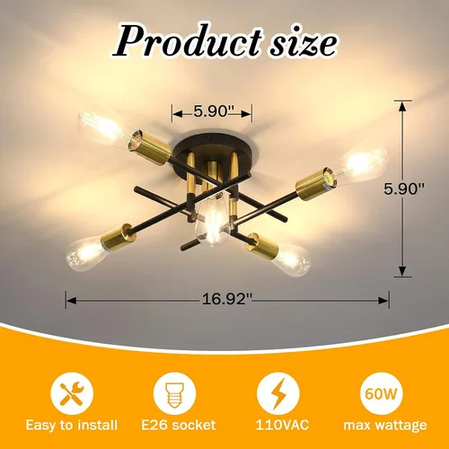 Vista 2 de UOFUS Lámpara de techo semiempotrada de 5 luces estilo casa de campo con lámpara E26 moderna lámpara de techo Sputnik negro mate y dorado
