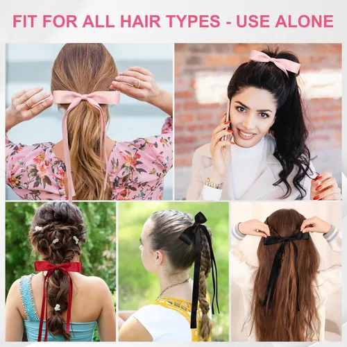 Vista 5 de 8 lazos para el cabello de satén sedoso con borla para mujeres, pinzas para el pelo con lazo de borla para soporte de cola de caballo. Lazo de pelo