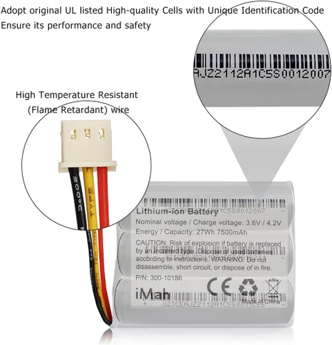 Vista 2 de iMah Batería de repuesto 300-10186 para panel de seguridad inteligente ADT Command 3.6V 27Wh