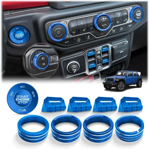 Vista 21 de Wrangler JL/JLU y Gladiator JT 2018-2026 - Accesorios de aluminio para botón de arranque, CA, volumen de audio, faros delanteros e interruptores