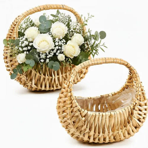 Vista 11 de Taiyin Paquete de 3 cestas de mimbre de mimbre de paja de media luna con asa, ideal para boda, niña, picnic, almacenamiento de jardín y decoración