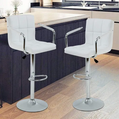 Vista 10 de Juego de 2 taburetes de bar con reposabrazos, taburetes de bar giratorios de altura ajustable con respaldo de piel sintética, silla de comedor alta