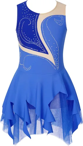 Vista 8 de JEATHA Disfraz de ballet brillante con diamantes de imitación para niños, sin mangas, falda de patinaje sobre hielo, vestido de leotardo de gimnasia