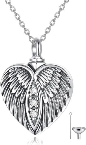 Vista 2 de Collar con urna de corazón con forma de alas de ángel, collar de cenizas y cremación
