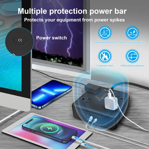 Vista 5 de Paquete de 2 regletas de alimentación de enchufe ultra plano, regletas de alimentación con 4 tomas amplias, cable de extensión de enchufe plano de 6