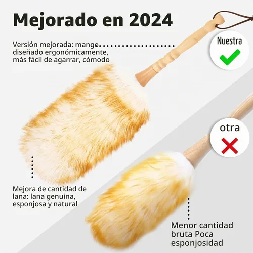 Vista 3 de Plumero de lana de cordero con mango de madera maciza, correa de cuero para colgar, cómodos agarres de 19.6 pulgadas de largo, plumeros naturales