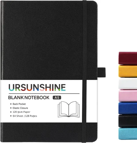 Vista 69 de Cuaderno punteado, diario, 5.3 x 8.26 pulgadas, tapa dura, prémium, papel grueso, doble espiral, bandas, cuero negro sintético, lazo para bolígrafo