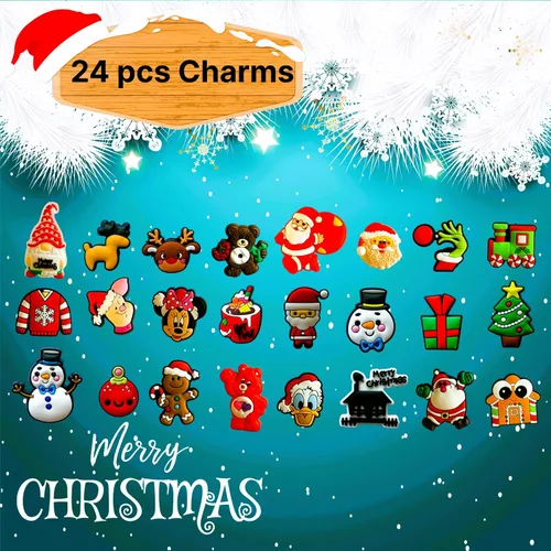 Vista 7 de Jibicharrm 35 dijes de zapatos de Navidad para niños, dibujos animados al azar de PVC, accesorios de decoración de zapatos, dijes con árbol