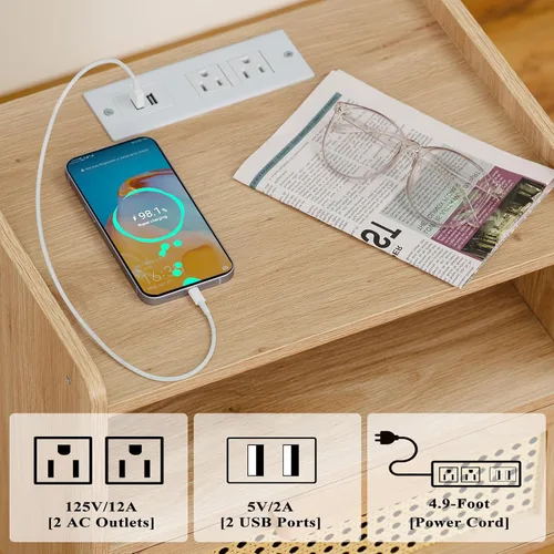 Vista 4 de Lerliuo Rattan Nightstand with Charging Station, Boho Night Stand Natural
