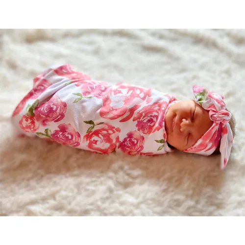 Vista 2 de DRESHOW BQUBO - Mantas para recién nacido, con diseño floral, para recién nacido, con diademas para envolver a niños pequeños 1 juego de flores
