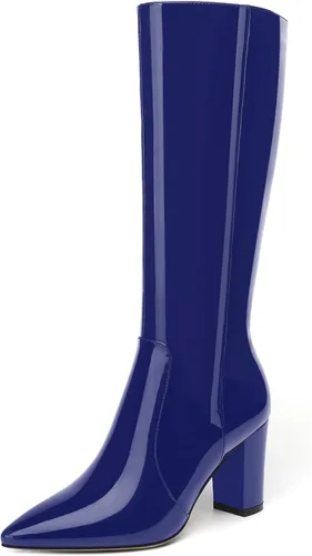 Vista 169 de AMBELIGHT Botas altas hasta la rodilla con cremallera y puntera puntiaguda para mujer, de patente sólida, tacón alto, 3.3 pulgadas