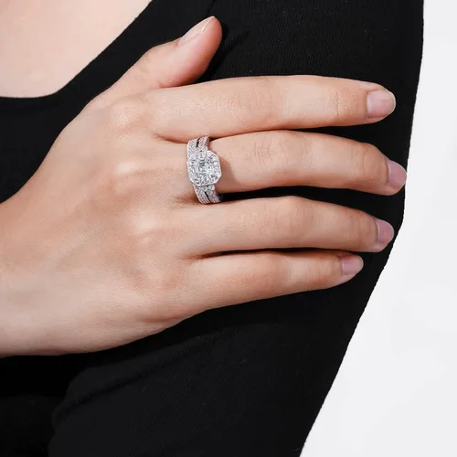 Vista 6 de Tienda Collection Platinum-Plated Sterling Silver Antique Ring set with Asscher-Cut Infinite Elements Cubic Zirconia