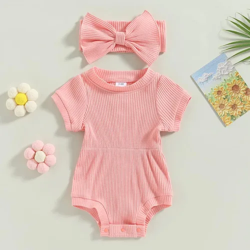 Vista 79 de Traje de verano para niña pequeña, de manga corta, acanalado, overol liso, pantalones cortos, ropa para recién nacidos