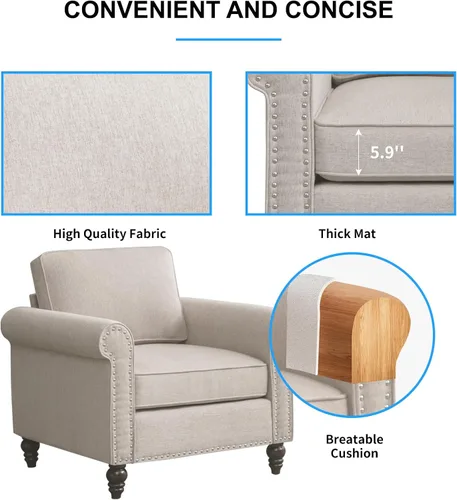Vista 7 de PUREMIND Juego de sofá de 2 piezas para muebles de sala de estar, juego de sofá y silla de oficina moderno de lino con patas de madera maciza, sofá