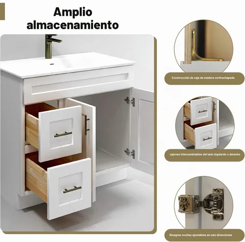 Vista 4 de White Shaker - Base para lavabo de baño con cajones de 36 pulgadas, listo para montar