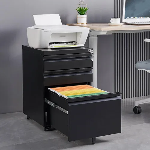 Vista 7 de Archivador rodante con cerradura, archivador de almacenamiento de oficina de 3 cajones para tamaño carta, archivador de metal de acero para oficina