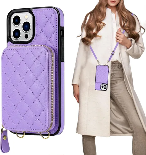 Vista 11 de Bocasal Funda tipo cartera cruzada para iPhone 13 Pro Max, bloqueo RFID de cuero PU con cremallera, bolso cartera con tapa plegable, funda tipo Beige