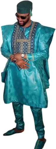 Vista 7 de HD African Bazin Pareja Ropa Tradicional Bordado Agbada Boubou Caftan Set para Hombre Blanco-9939