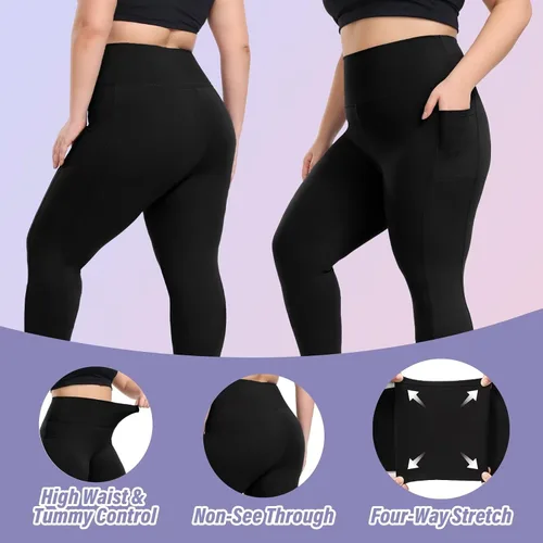 Vista 2 de Happy.angel Leggings de talla extra grande con bolsillos para mujer, pantalones de yoga capri de cintura alta, ajustados, recortados, tallas 3X 4X