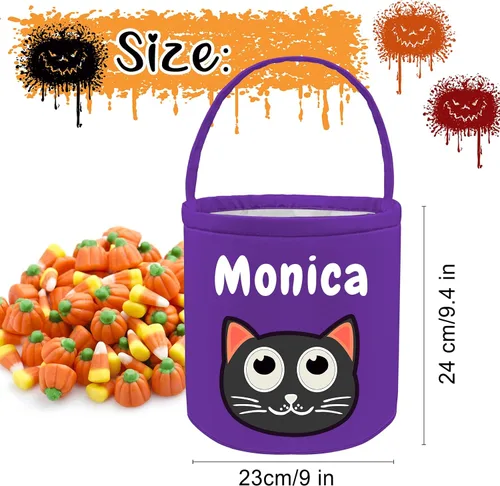 Vista 3 de Cubo de Halloween personalizado con nombre personalizado para trucos o tratos, bolsa de dulces personalizada para niños, bolsas de lona grandes