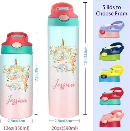 Vista 3 de Botella de agua personalizada para niños, niñas, niños, botellas de agua personalizadas de 12 onzas con nombre y tapa de pajilla, tazas de acero