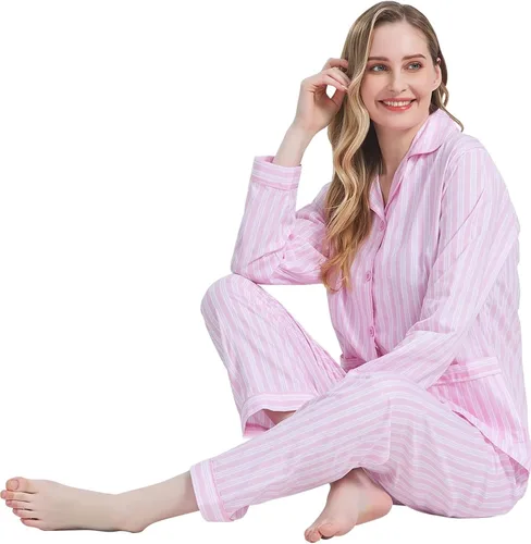 Vista 6 de Amaxer Conjunto de pijama 100% algodón para mujer, de manga larga, suave, con botones, con cordón elástico