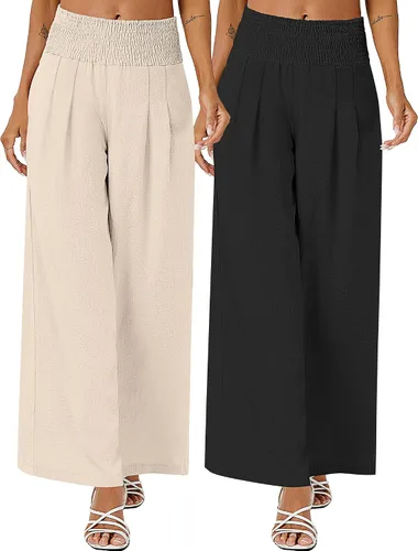 Vista 2 de Neer 2 piezas de pantalones palazzo de lino para mujer, cintura alta fruncida, pierna ancha, pantalones casuales de playa, pantalones con bolsillo