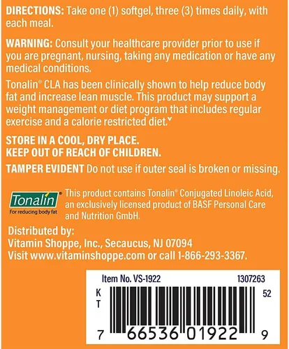 Vista 3 de The Vitamin Shoppe Tonalin CLA 1000 mg Softgel, ácido linoleico conjugado 780mg de semillas de cártamo - Apoya la reducción de la grasa corporal