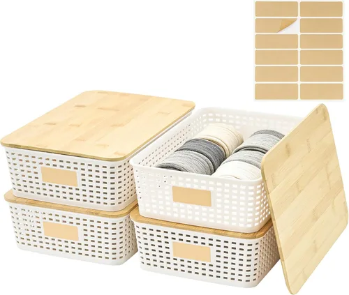 Vista 13 de Bagnizer Contenedores pequeños de plástico con tapas de bambú de 5.2 cuartos de galón, cesta apilable para despensa, contenedores decorativos lindos
