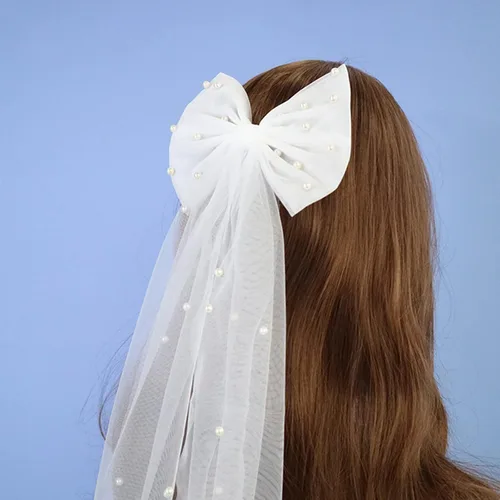 Vista 6 de Clip de velo de velo para novia, horquillas de velo con pinzas para el cabello con lazo de malla de perlas (negro)