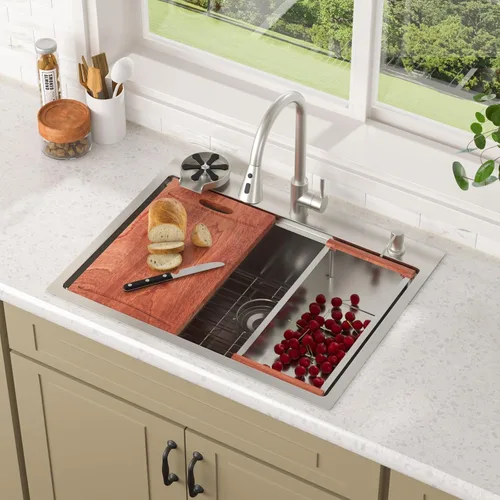 Vista 12 de Lordear - Estación de trabajo de fregadero de cocina al aire libre con grifo extraíble de 21" x 20", fregadero de barra de preparación de 16 Acero