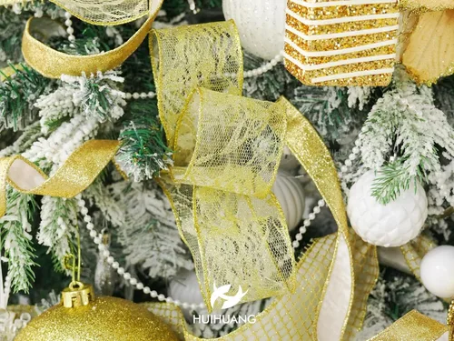 Vista 7 de HUIHUANG Cinta de encaje con alambre para árbol de Navidad, 2.5 pulgadas x 25 yardas, cinta de alambre con purpurina dorada para árbol de Navidad