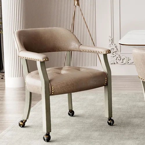 Vista 26 de Silla de comedor con ruedas y brazos, sillas de póker de PU, gris antiguo
