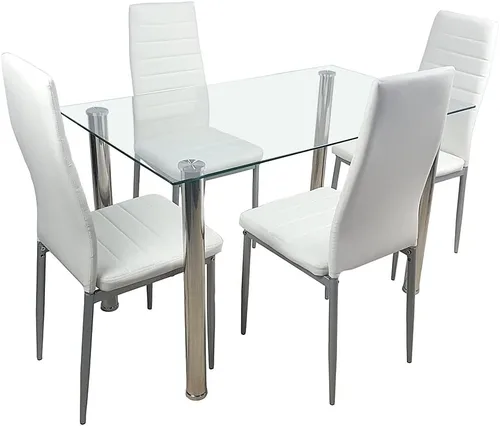 Vista 6 de Juego de mesa de comedor de 5 piezas, mesa superior rectangular de vidrio templado de 43 pulgadas, 4 sillas de cuero con respaldo alto, juego