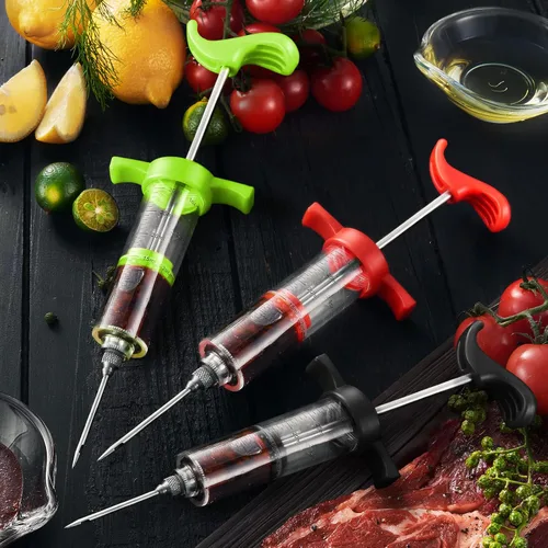 Vista 5 de JY COOKMENT Jeringa para inyector de carne, inyector de sabor marinado de 1 onza con 2 agujas profesionales, 1 cepillo de limpieza (negro)