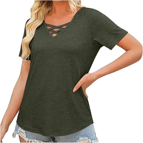Vista 2 de Camisetas de verano para mujer, cuello en V entrecruzado, manga corta, holgadas, elegantes, casuales, básicas, suaves