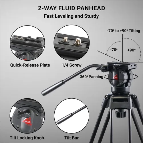 Vista 5 de 3Pod V3AH - Trípode de video de aluminio de 3 secciones para cámara, trípode profesional para cámara con cabezal fluido de 2 vías, esparcidor