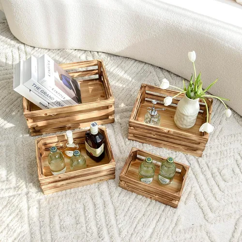 Vista 7 de Cajas grandes decorativas de almacenamiento de madera chamuscada, conjunto de 4 cajas de madera anidadas para exhibición rústica, cajas