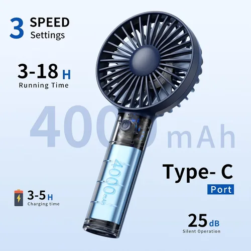 Vista 3 de Jancane Ventilador de mano, mini ventilador portátil recargable por USB con base, batería de 10 horas, viento fuerte, pequeño y potente, bonito Azul