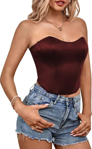 Vista 3 de LYANER Blusa sexy de satén con cuello de corazón para mujer, sin tirantes, corsé