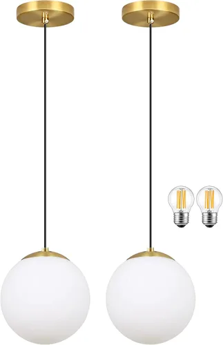 Vista 12 de KoKo&Yukina Luces colgantes modernas de globo de vidrio dorado de 6 pulgadas, paquete de 2 lámparas colgantes de vidrio transparente de mediados