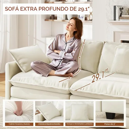 Vista 4 de WorthFurni - Sofá de nube en forma de L de 77 pulgadas, sofá modular con otomana, cómodo sofá biplaza de felpilla con almohada para sala de estar