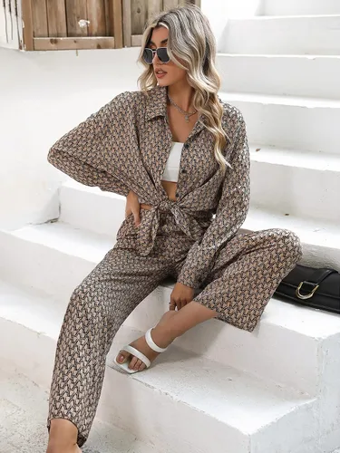 Vista 3 de GORGLITTER Conjunto de 2 piezas con estampado de manga larga y cuello con botones y pantalones largos para mujer