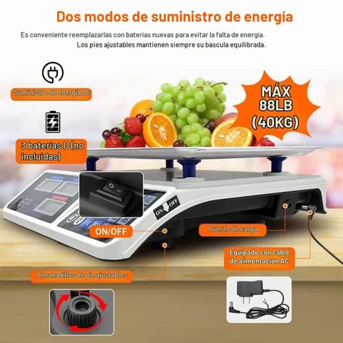 Vista 2 de Báscula de cálculo de precios de 88 lb/40 kg, báscula digital de cálculo de precios con plataforma grande de acero inoxidable, báscula de cocina