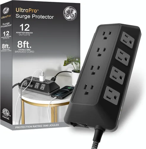 Vista 9 de GE SurGE - Tira de alimentación protectora con puertos USB, cable de extensión trenzado de 3 pies, 1780 julios, extensor de 8 tomas, 2 puertos