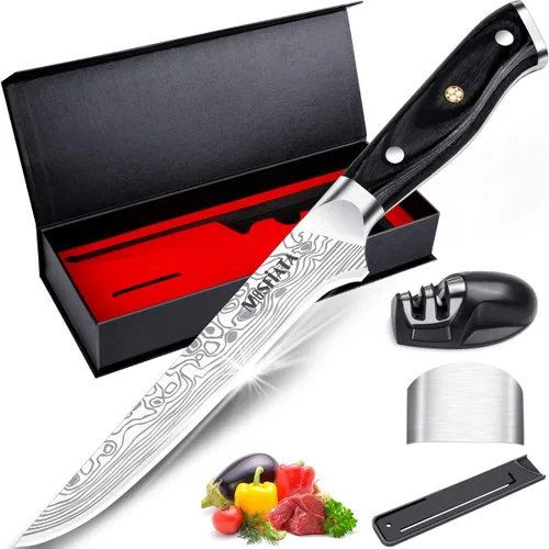 Vista 9 de MOSFiATA - Cuchillo de chef de 10 pulgadas súper afilado, cuchillo de cocina profesional con protector de dedos en caja de regalo, cuchillo