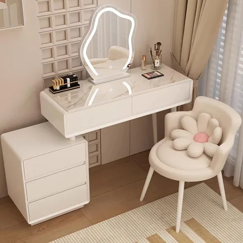 Vista 9 de Tocador con espejo con luces, mesa de tocador con cajones, mesa de maquillaje blanca, 3 modos de iluminación de brillo ajustable, para dormitorio
