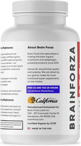 Vista 2 de Brain Forza Cápsulas orgánicas de hongos reishi rojos, apoyo inmunológico alimentado por hongos adaptogénicos, salud cardíaca y cardiovascular
