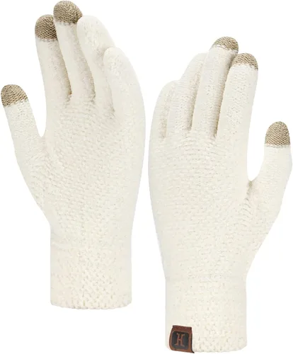 Vista 14 de FZ FANTASTIC ZONE Guantes de invierno con pantalla táctil para mujer para clima frío, guantes de punto cálidos de chenilla Beige